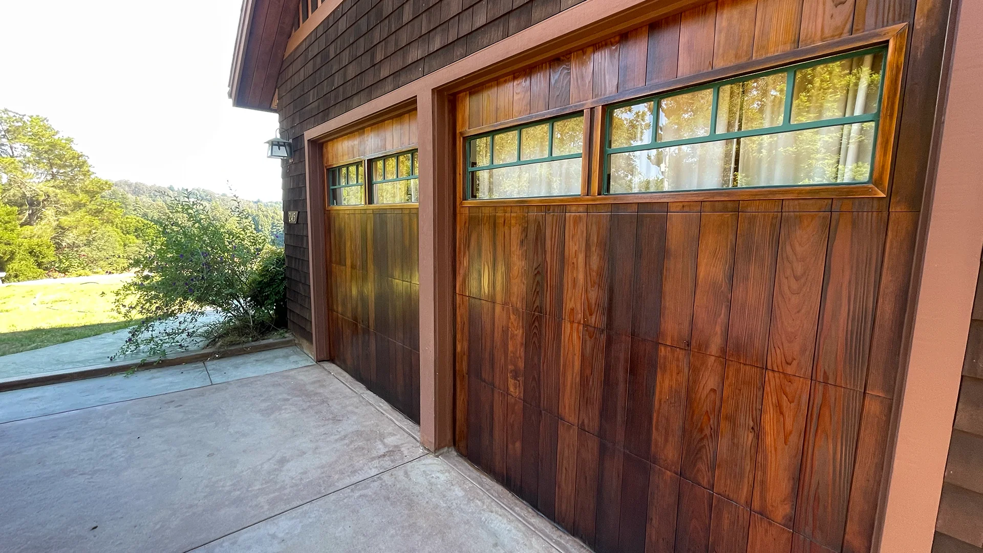 Cedar garage doors with leaded glass